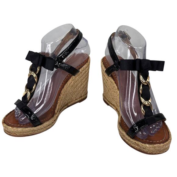 Kate Spade Espadrille Sandals Black 8 Bow Gold Chain - Picture 2 of 11